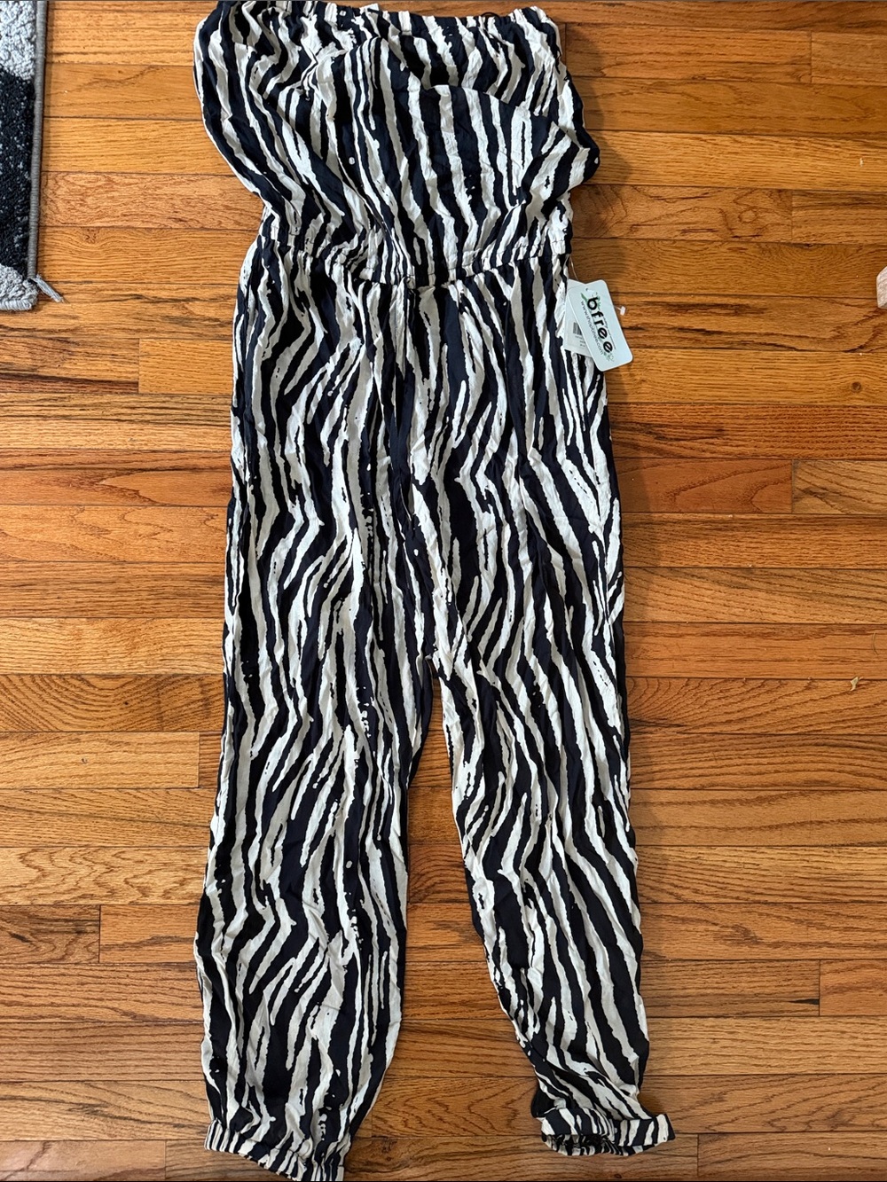 Elan Black and White Zebra-Print Strapless Jumpsuit